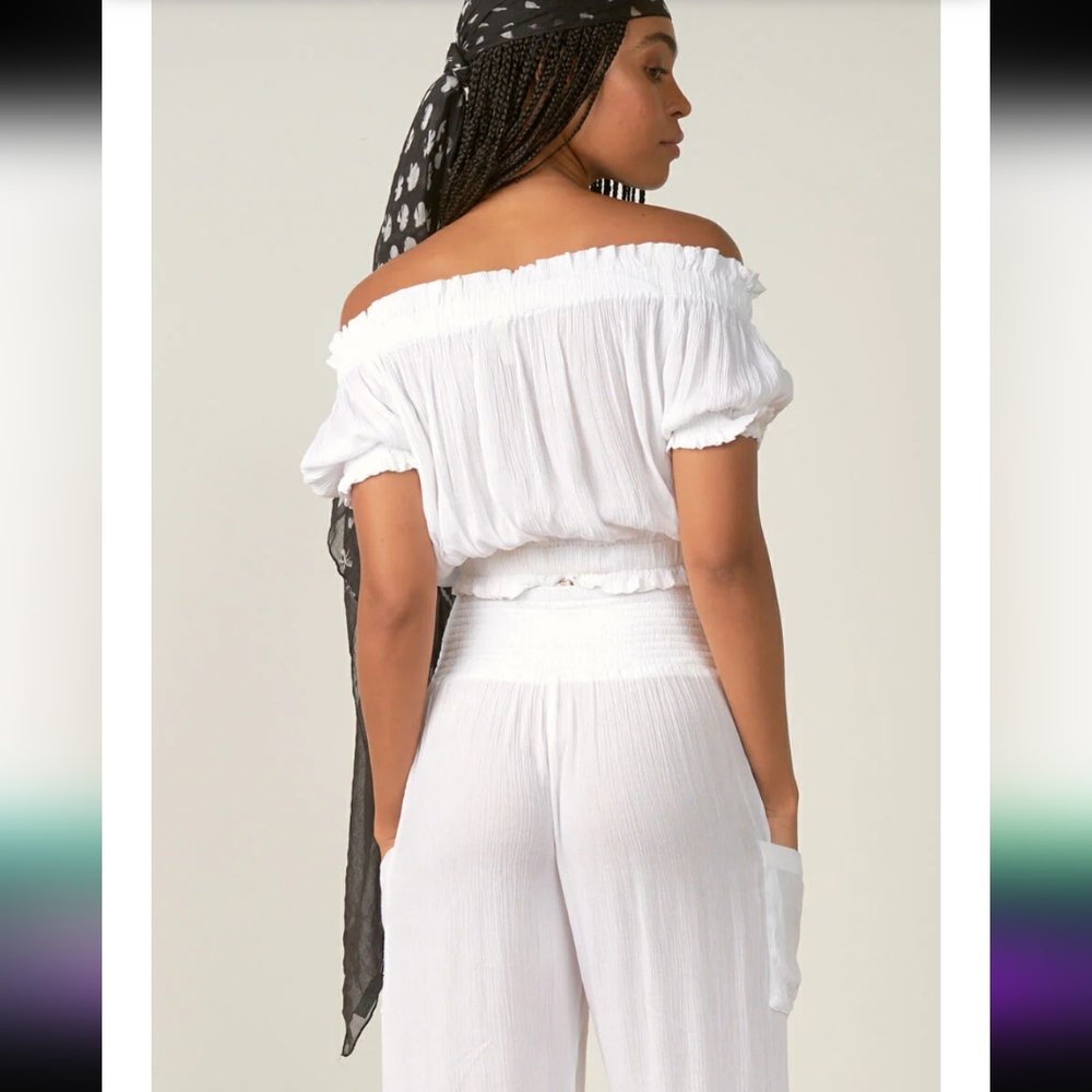 Elan Off Shoulder Ruffles White Cropped Top - Picture 5 of 6